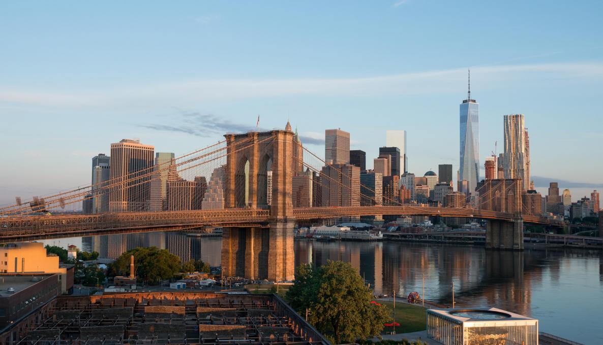 View of the Brooklyn Bridge at sunset.